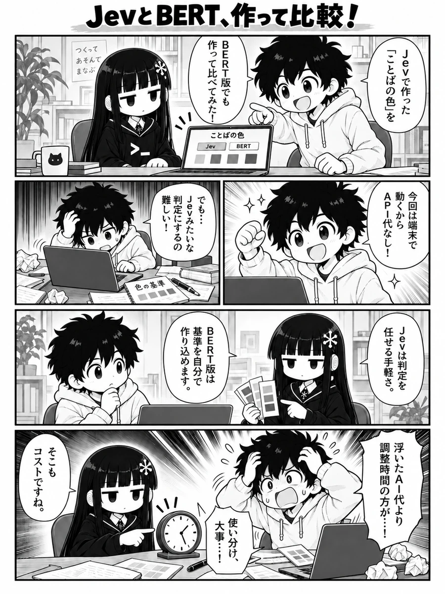 漫画『JevとBERT、作って比較!』1ページ目