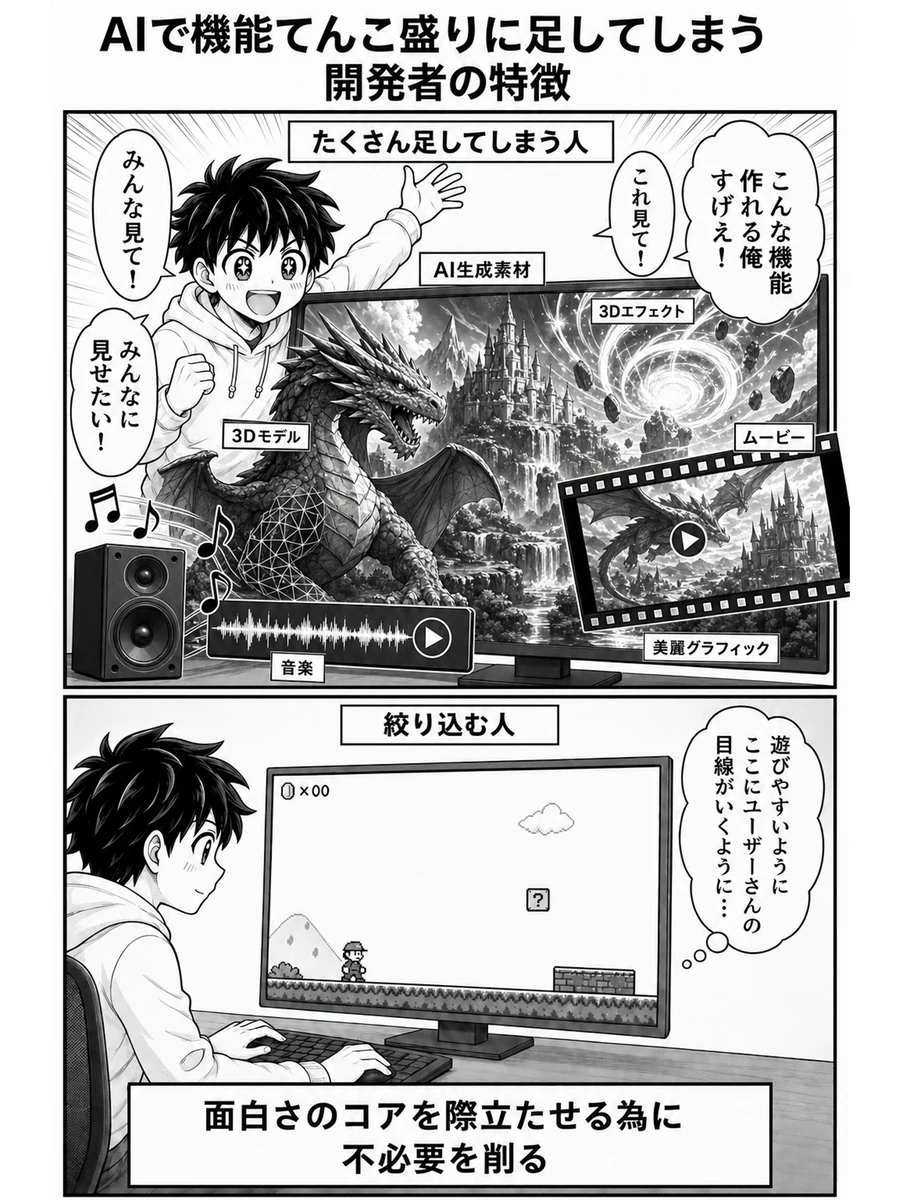 漫画『AIで機能てんこ盛りに足してしまう開発者の特徴』1ページ目